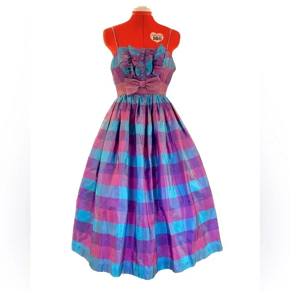 1960s / 1950s VTG Blue Purple Plaid Tuxedo Bodes Fit & Flare Sundress - Picture 9 of 9